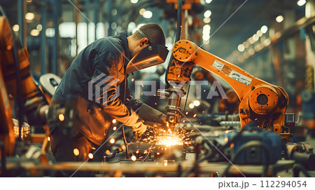 Workers in Industrial Factory with Robots and Sparks Workers in Industrial Factory with Robots and Sparks 112294054