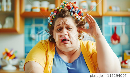 Woman with Candy-Filled Messy Hair in the Style of Emotionally Charged Scenes 112294095