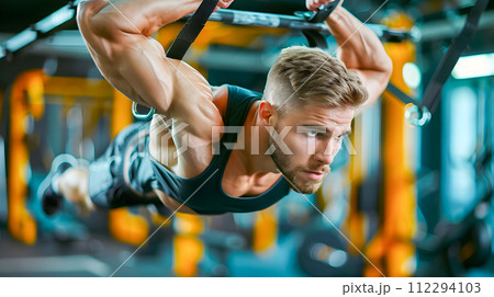 Athlete Doing Pull-ups in a Gym 112294103