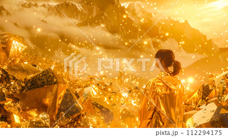 Woman in Gold Costume Standing on Mountains of Gold 112294175