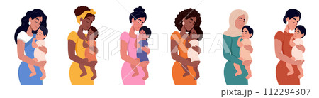 A set of different women with a newborn baby. African American, Muslim, Native American, African, Chinese, Asian. Young beautiful multiethnic women of different nationalities. 112294307