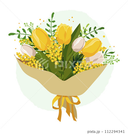 Spring isolated bouquet with yellow tulips and mimosa. Vector template with flowers for design 112294341