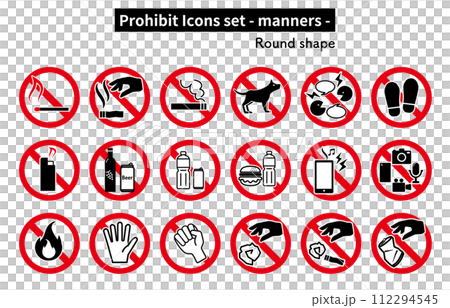 Icon set of "prohibited", "caution" and "warning" related to manners Icon set of "prohibited", "caution" and "warning" related to manners 112294545