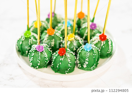 Cactus-shaped cake pops, beautifully decorated with luster dust, sugar flowers, and white sprinkles, arranged in celebration of Cinco de Mayo. Cactus-shaped cake pops, beautifully decorated with luster dust, sugar flowers, and white sprinkles, arranged in celebration of Cinco de Mayo. 112294805