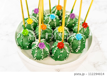 Cactus-shaped cake pops, beautifully decorated with luster dust, sugar flowers, and white sprinkles, arranged in celebration of Cinco de Mayo. 112294814