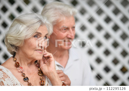 Portrait of elderly couple posing in nature in summer 112295126