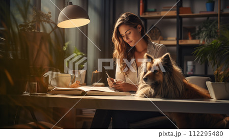 AI-generated content. A young woman is sitting at a desk with book, with a dog next to her, in a cozy room with green plants 112295480