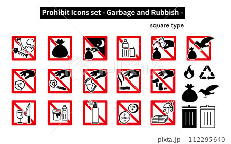 ゴミに関連する「禁止」「注意」「警告」のアイコンセット 112295640