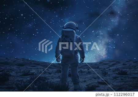 AI-generated content. A man in a spacesuit stands in a field of stars 112296017