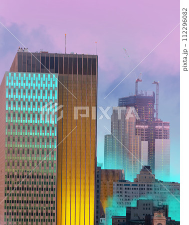Poster, Contemporary art collage. City skyline with buildings illuminated in neon cyan and yellow, contrasting with purple sky. Urban street style. Poster, Contemporary art collage. City skyline with buildings illuminated in neon cyan and yellow, contrasting with purple sky. Urban street style. 112296082