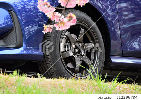河津桜と青いコンパクトカー 112296784