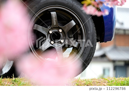 河津桜と青いコンパクトカー 112296786