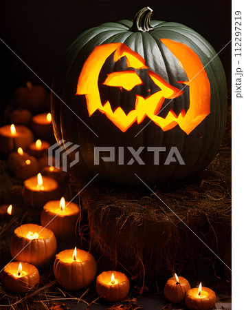 Hyperrealistic dark Halloween pumpkin long shot pastel 112297219