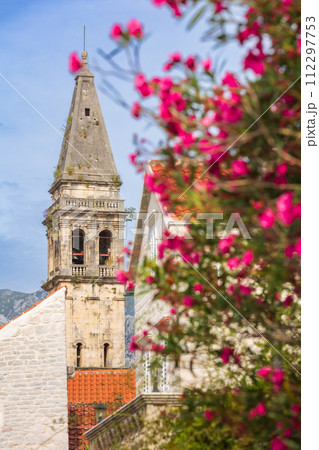 Church Bell tower and flowers, Perast, Montenegro 112297753
