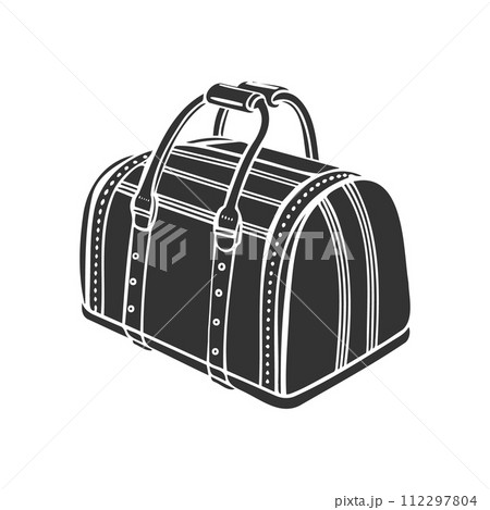 Hand drawn women's bag with handles. Travel bag. Black and white silhouette. Vector 112297804