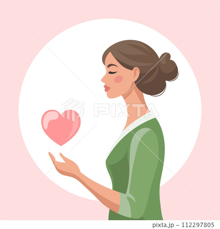 Woman holding a heart. Concept for mental health, support, love and relationships. Illustration. Vector 112297805