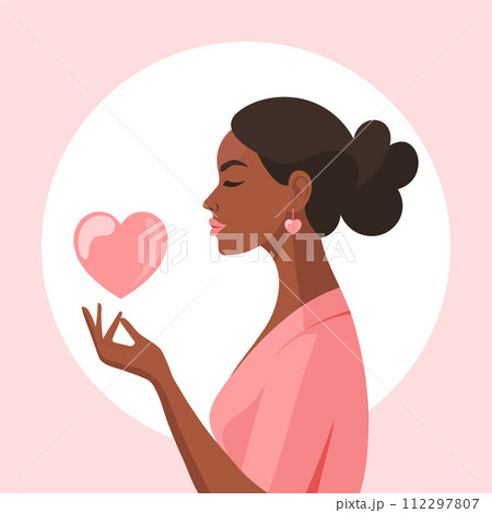 Woman holding a heart. Concept for mental health, support, love and relationships. Illustration. Vector Woman holding a heart. Concept for mental health, support, love and relationships. Illustration. Vector 112297807
