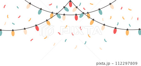Festive garlands with colorful lights, lamps and confetti. Festive background for any holiday. Vector 112297809