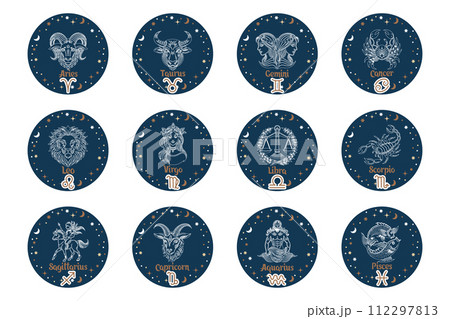 Astrology zodiac signs set, mystical round icons. Esoteric symbols for logo or icons. Vector 112297813
