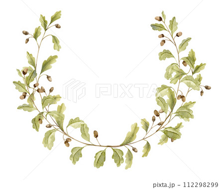Oak branch Wreath. Hand drawn watercolor illustration of round Frame with acorns and green leaves on white isolated background. Circular border with forest foliage for icon, logo or greeting cards. 112298299