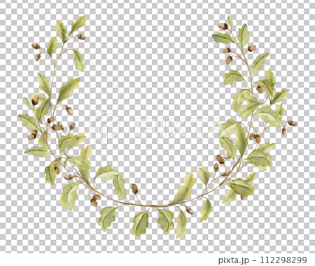 Oak branch Wreath. Hand drawn watercolor illustration of round Frame with acorns and green leaves on white isolated background. Circular border with forest foliage for icon, logo or greeting cards. 112298299