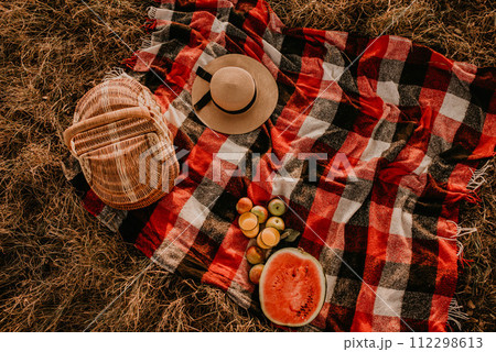 Travel blanket checkered red plaid on grass in summer on sunny day for picnic. Travel blanket checkered red plaid on grass in summer on sunny day for picnic. 112298613