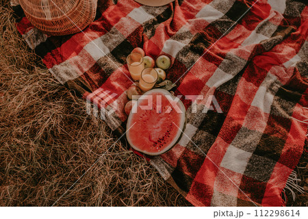 Travel blanket checkered red plaid on grass in summer on sunny day for picnic. Travel blanket checkered red plaid on grass in summer on sunny day for picnic. 112298614