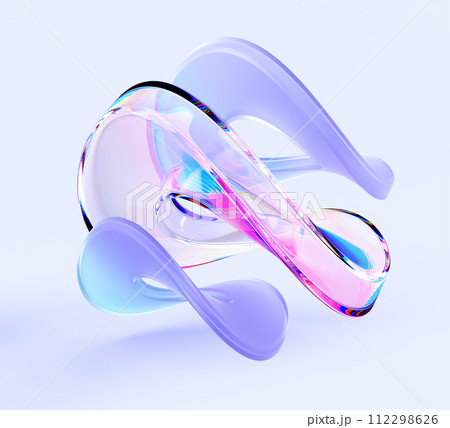Abstract glass infinity loop shapes 3d background. Transparent glossy and morphism rings, rainbow wave plastic and liquid forms gradient texture. Holographic twisted circles in motion. 3D illustration 112298626