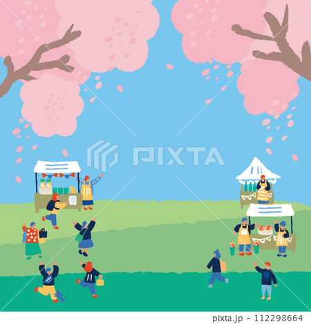 春のマーケットを楽しむ人々のフラットでシンプルなイラスト 春のマーケットを楽しむ人々のフラットでシンプルなイラスト 112298664