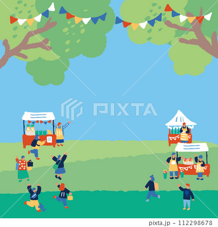 新緑のマーケットを楽しむ人々のフラットでシンプルなイラスト 112298678