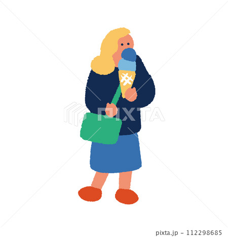食べ歩きをする女性のシンプルなイラスト 112298685