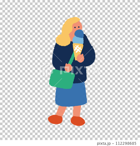 食べ歩きをする女性のシンプルなイラスト 112298685