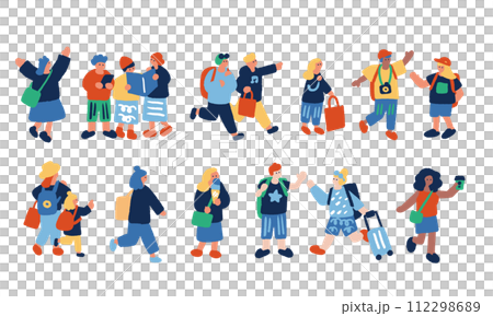 インバウンドや旅行をイメージする人々のシンプルでフラットなイラストセット 112298689
