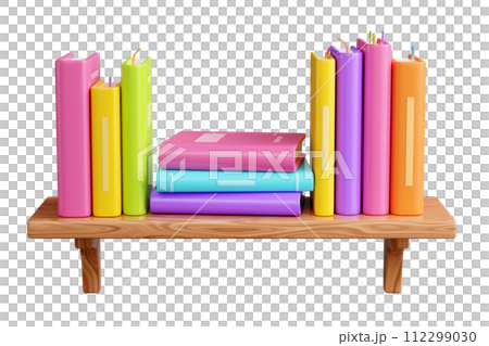 Book stack with hard cover standing and laying on wooden shelf. 3D render illustration of colorful literature row on home, library or store bookshelf with wood texture for reading and education. 112299030