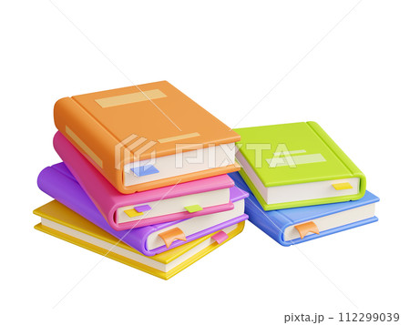 Pile of paper books with colorful hard cover and bookmarks laying. 3D render illustration of literature stack for education and reading concept. Bookshop or library stacked textbooks. 112299039