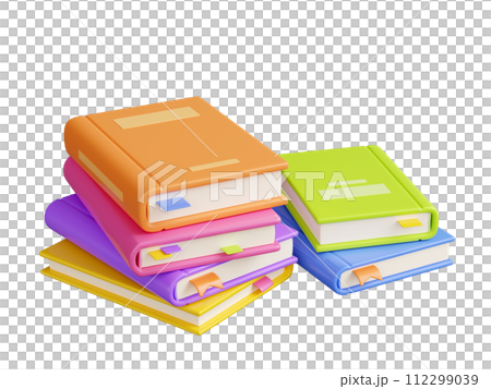 Pile of paper books with colorful hard cover and bookmarks laying. 3D render illustration of literature stack for education and reading concept. Bookshop or library stacked textbooks. 112299039