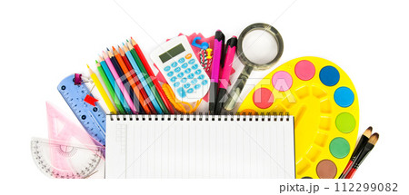 Set of stationery and school supplies isolated on a white. There is free space for text. Wide photo. 112299082