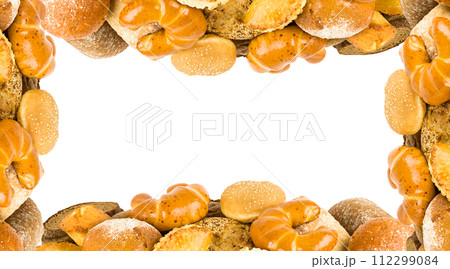 Croissants, buns and other sweet pastries background. frame with free space for text. Collage. Wide photo. 112299084