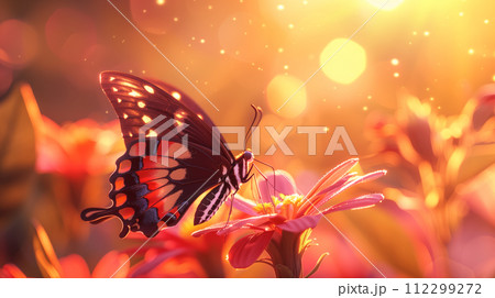 A majestic butterfly perches on a flower during golden hour, its wings catching the warm glow of the setting sun. 112299272