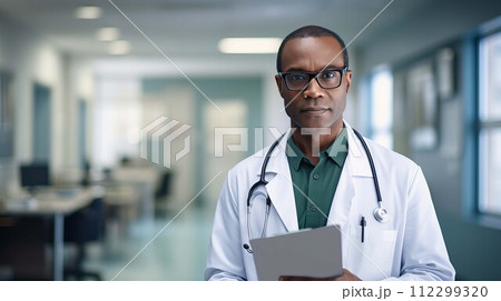 Photo portrait of a medical doctor, AI generated image 45 years old African American man in white coat, with stethoscope and clipboard. Healthcare clinic staff. Blurred hospital interior on background 112299320
