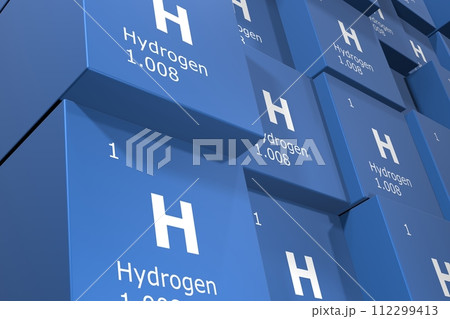Hydrogen, 3D rendering background of cubes of symbols of the elements of the periodic table, atomic number, atomic weight, name and symbol. Education, science and technology. 3D illustration Hydrogen, 3D rendering background of cubes of symbols of the elements of the periodic table, atomic number, atomic weight, name and symbol. Education, science and technology. 3D illustration 112299413
