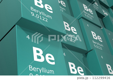 Beryllium, 3D rendering background of cubes of symbols of the elements of the periodic table, atomic number, atomic weight, name and symbol. Education, science and technology. 3D illustration 112299416