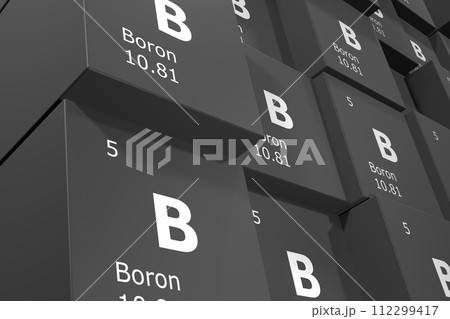 Boron, 3D rendering background of cubes of symbols of the elements of the periodic table, atomic number, atomic weight, name and symbol. Education, science and technology. 3D illustration 112299417