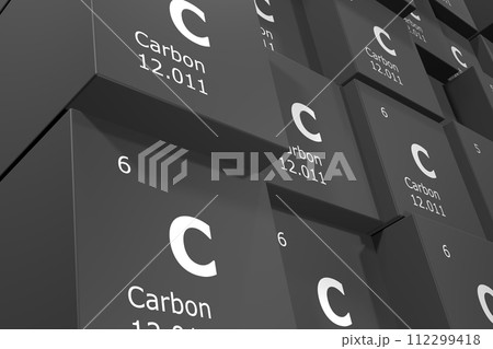 Carbon, 3D rendering background of cubes of symbols of the elements of the periodic table, atomic number, atomic weight, name and symbol. Education, science and technology. 3D illustration 112299418