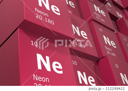 Neon, 3D rendering background of cubes of symbols of the elements of the periodic table, atomic number, atomic weight, name and symbol. Education, science and technology. 3D illustration Neon, 3D rendering background of cubes of symbols of the elements of the periodic table, atomic number, atomic weight, name and symbol. Education, science and technology. 3D illustration 112299422