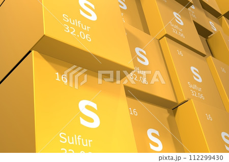 Sulfur, 3D rendering background of cubes of symbols of the elements of the periodic table, atomic number, atomic weight, name and symbol. Education, science and technology. 3D illustration 112299430