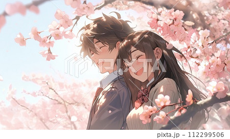 桜と笑顔の高校生カップル 112299506