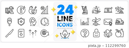 Icons set of Power info, Fraud and Question mark line icons pack for app with Microscope, Download file, Delivery truck thin outline icon. Medical shield, Mental conundrum, Dating pictogram. Vector 112299760