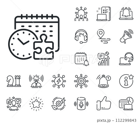 Jigsaw piece with clock sign. Place location, technology and smart speaker outline icons. Puzzle time line icon. Business challenge symbol. Puzzle time line sign. Vector 112299843