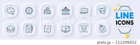 Bio tags, Face detection and Yummy smile line icons for web app. Pack of Touch screen, Cyber attack, Idea pictogram icons. Online voting, Buildings, Hold t-shirt signs. Neumorphic buttons. Vector Bio tags, Face detection and Yummy smile line icons for web app. Pack of Touch screen, Cyber attack, Idea pictogram icons. Online voting, Buildings, Hold t-shirt signs. Neumorphic buttons. Vector 112299852